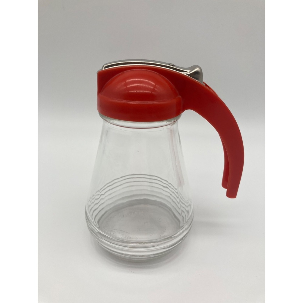 Vintage Androck Clear Glass Syrup Dispenser Red Plastic Top Metal Slide Canada